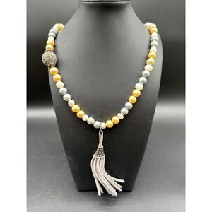 Boho Hand-Knotted Pearl Gemstone Mala Necklace Silver Cap Grey Tassel 24.5in